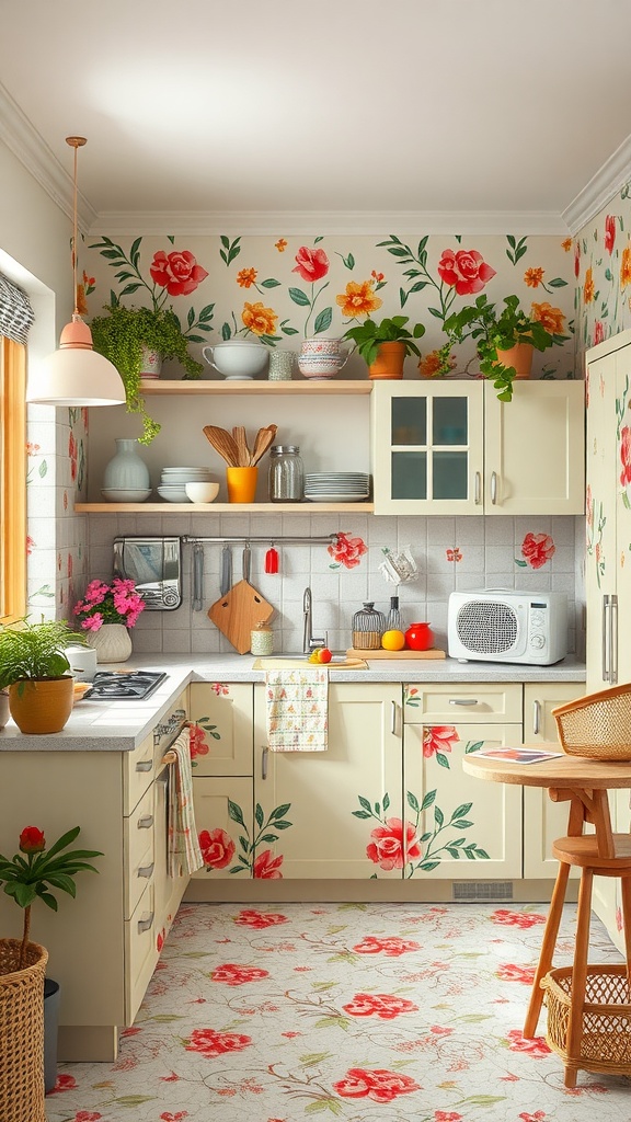 A bright kitchen featuring floral motifs on the walls and cabinets, with plants and a cozy table.