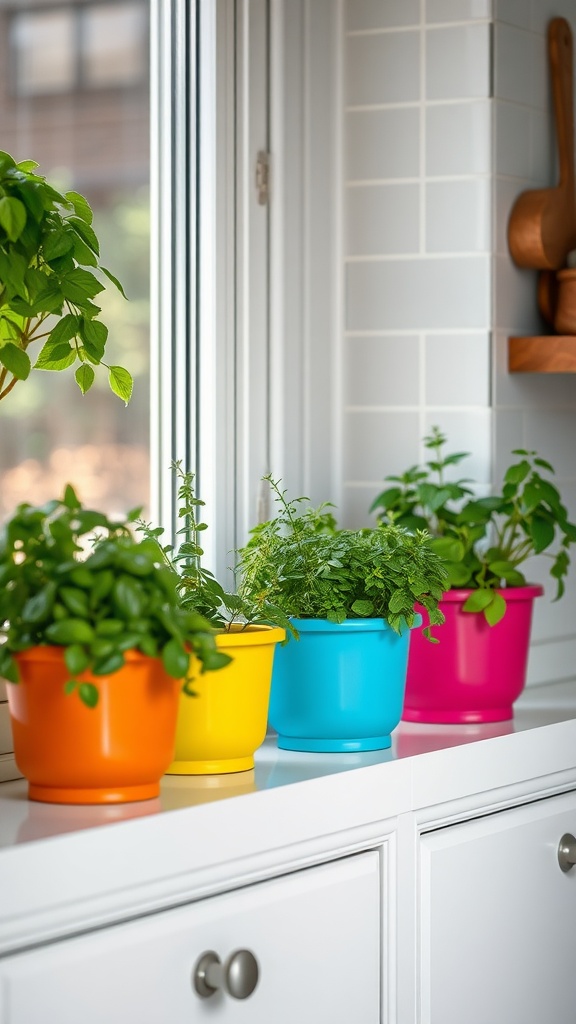 Colorful herb planters on a kitchen counter