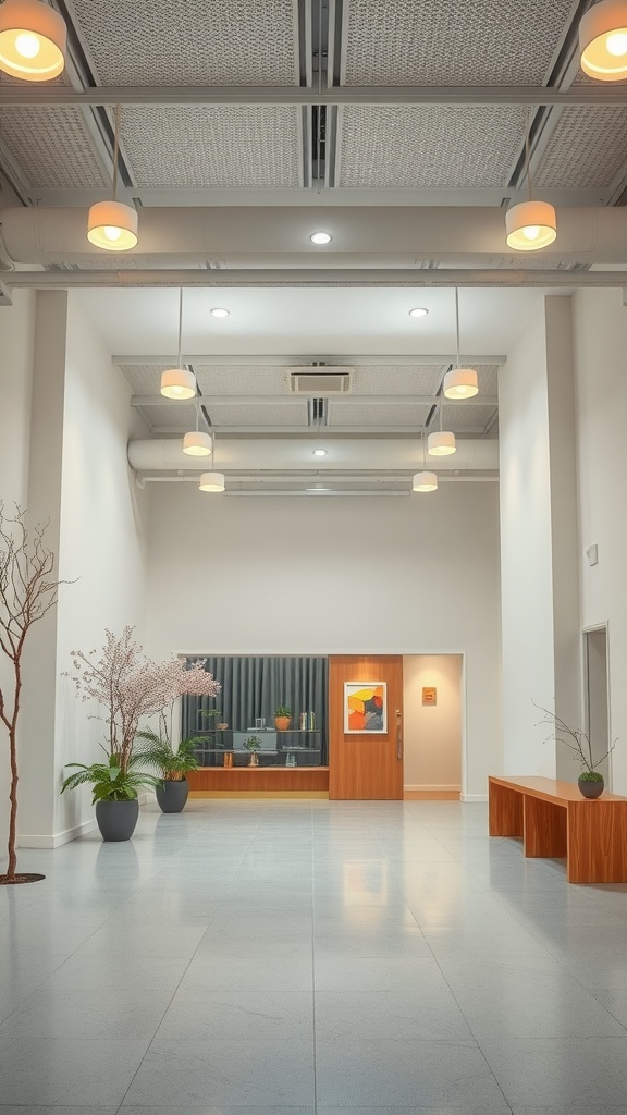 A spacious hallway featuring modern pendant lights and natural decor elements.