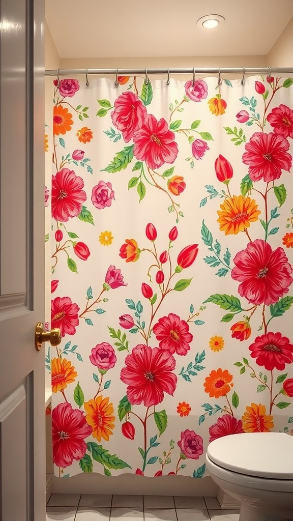 Colorful floral shower curtain in a bathroom