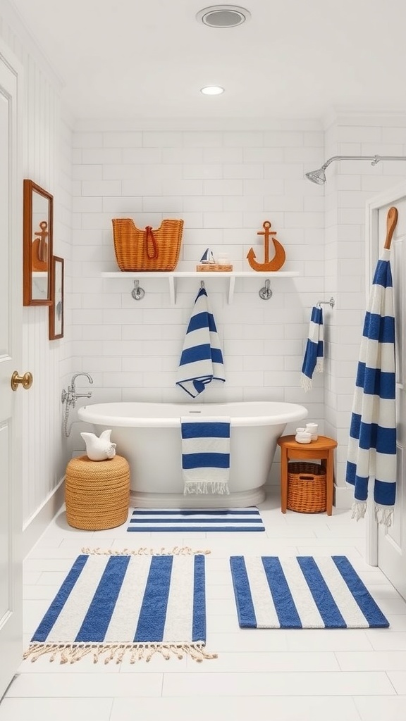 A bright white bathroom featuring blue and white nautical striped rugs and towels, a freestanding bathtub, and wooden accents.