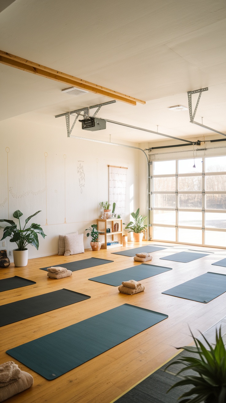 A spacious yoga studio with mats laid out, bright natural light, and a peaceful atmosphere.
