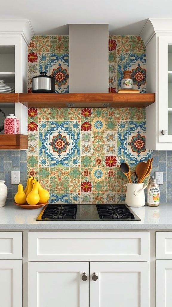 Brightly colored backsplash tiles featuring intricate patterns in a farmhouse kitchen.