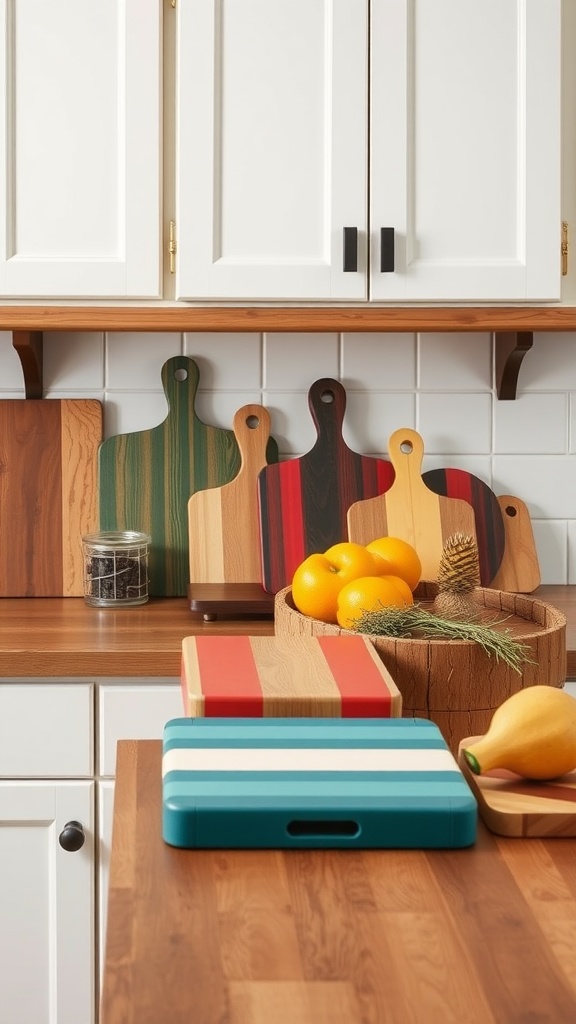 A variety of brightly colored cutting boards on a kitchen countertop