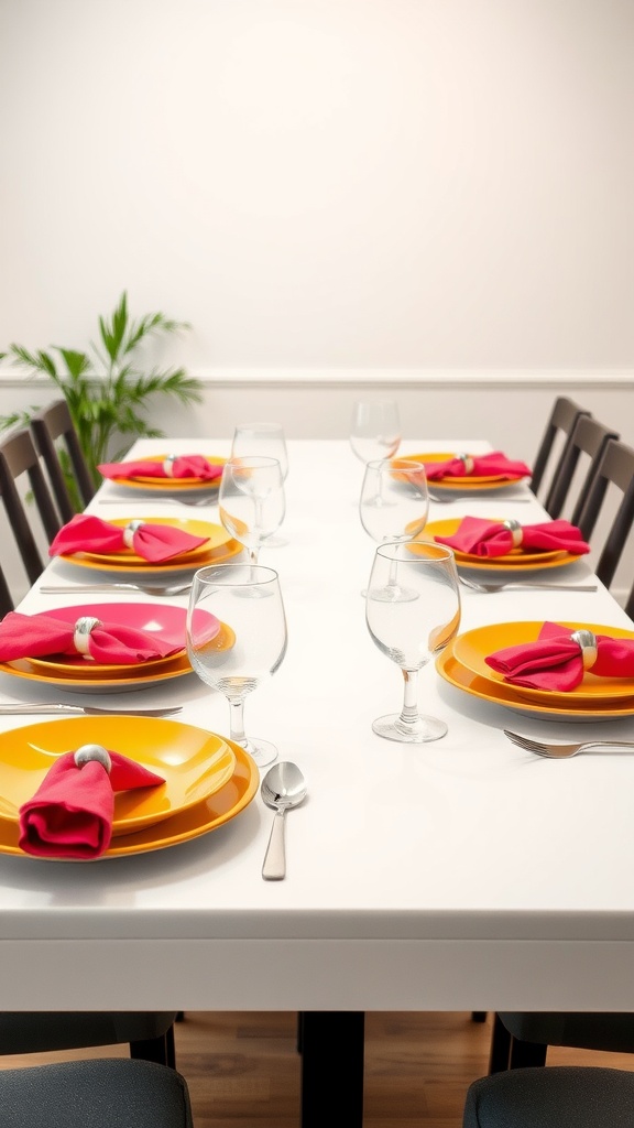 A dining table set with yellow plates, pink napkins, and glassware.