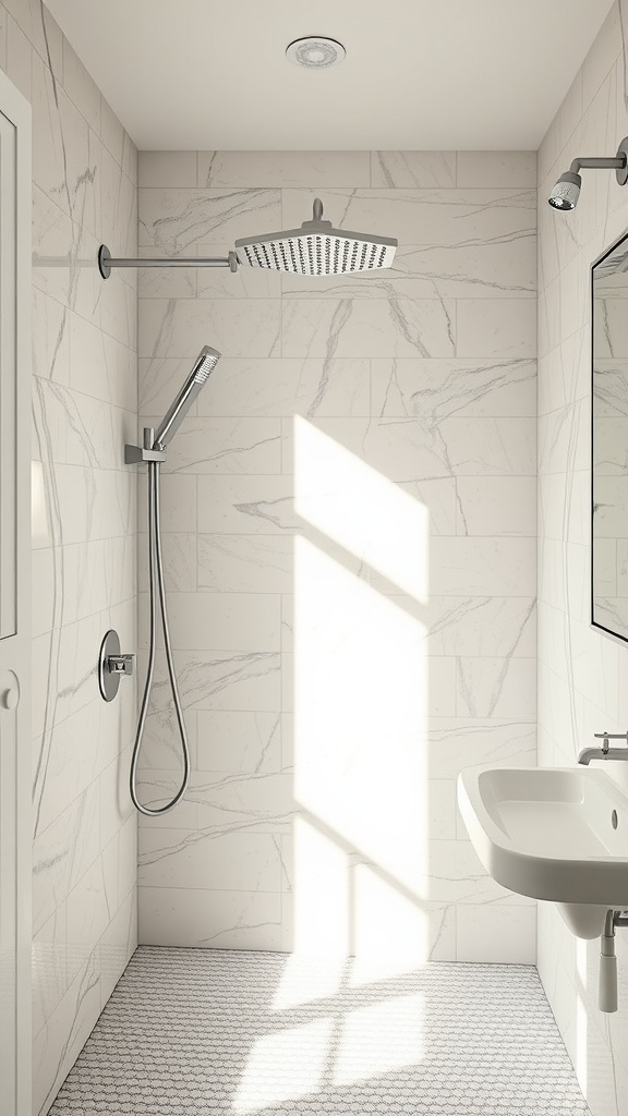 A modern shower space with natural light, featuring a large showerhead and sleek design.