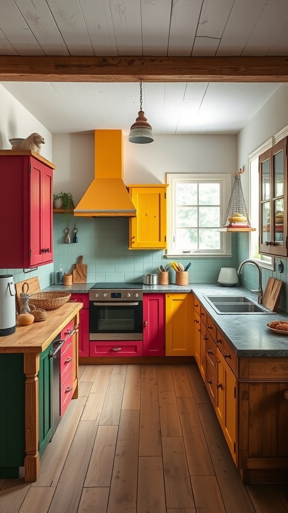 A colorful farmhouse kitchen with brightly painted cabinets in red, yellow, and green.