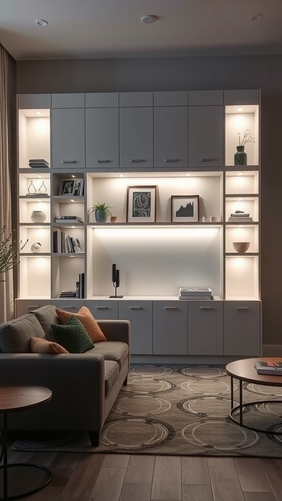 Modern built-in shelves with integrated lighting in a cozy living room.