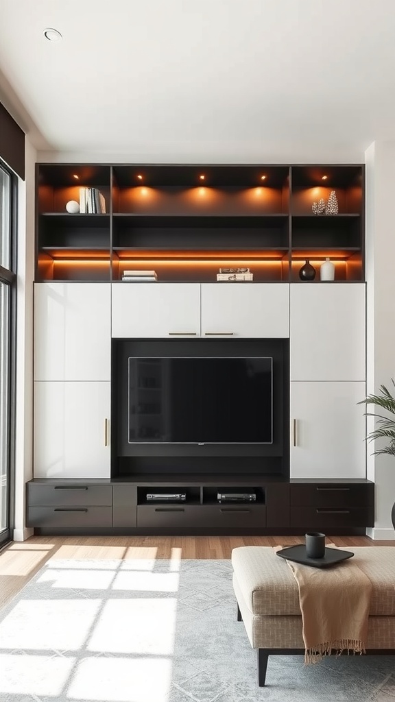 A modern living room with built-in shelves featuring sliding doors and integrated lighting