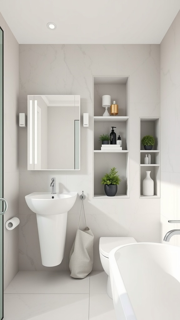 A modern small bathroom featuring built-in wall niches for storage.
