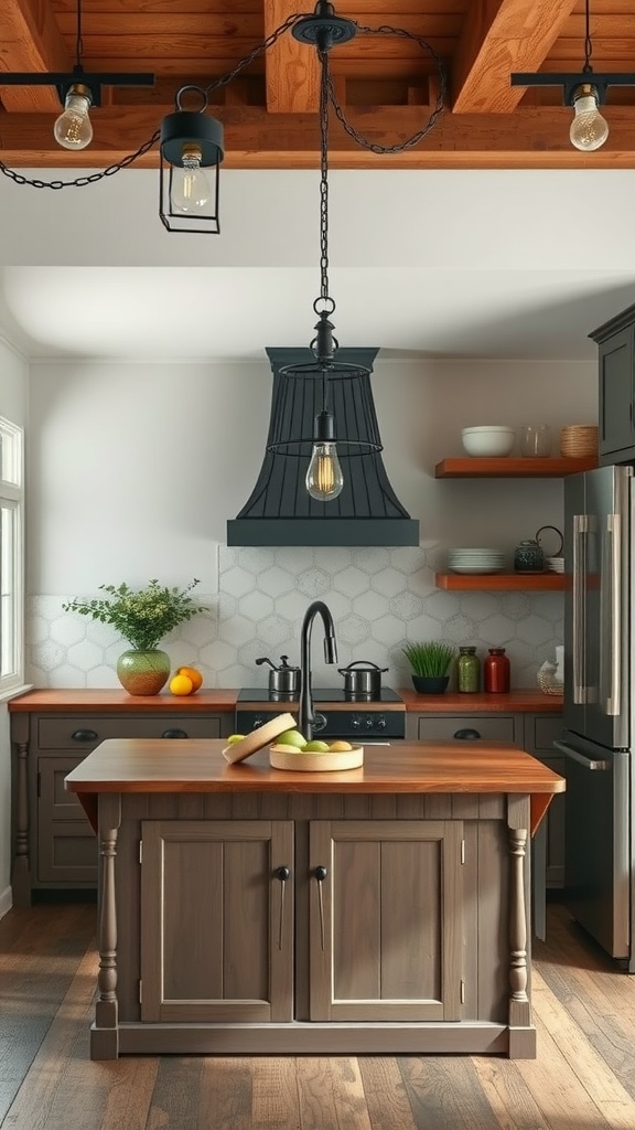 A kitchen featuring cage pendant lighting with a black metal design, warm wood elements, and a cozy atmosphere.