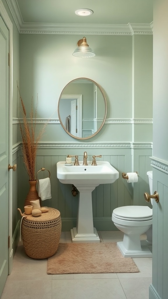 A calming bathroom featuring green walls, a round mirror, and sand-colored decor.