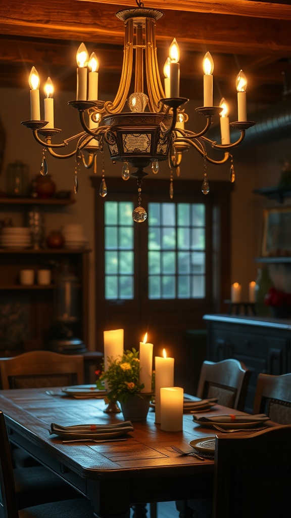 A candle chandelier hanging above a wooden dining table set with candles and plates, creating a warm and inviting atmosphere.