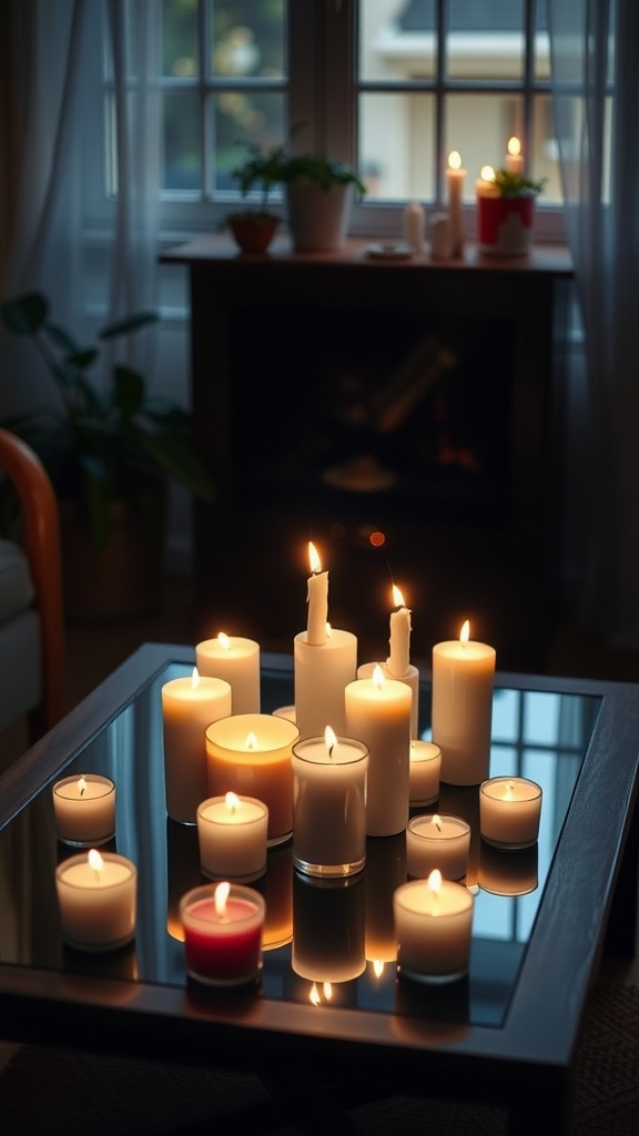 A coffee table arranged with various candles glowing softly, creating a serene atmosphere.
