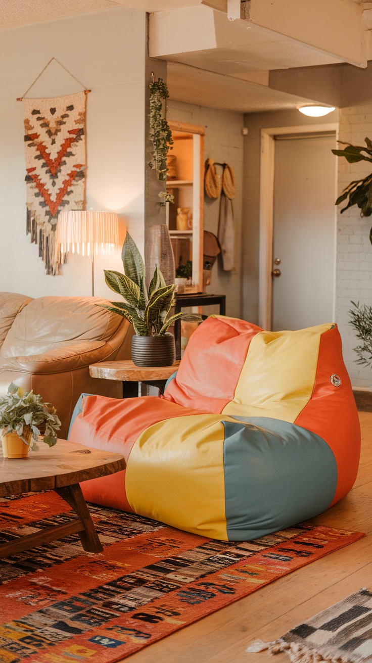 A colorful bean bag sofa in a bright living room setting.