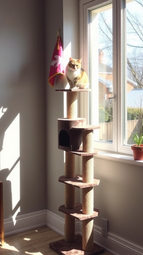 A cat sitting on a tall cat tree near a sunny window with a flag in the background.