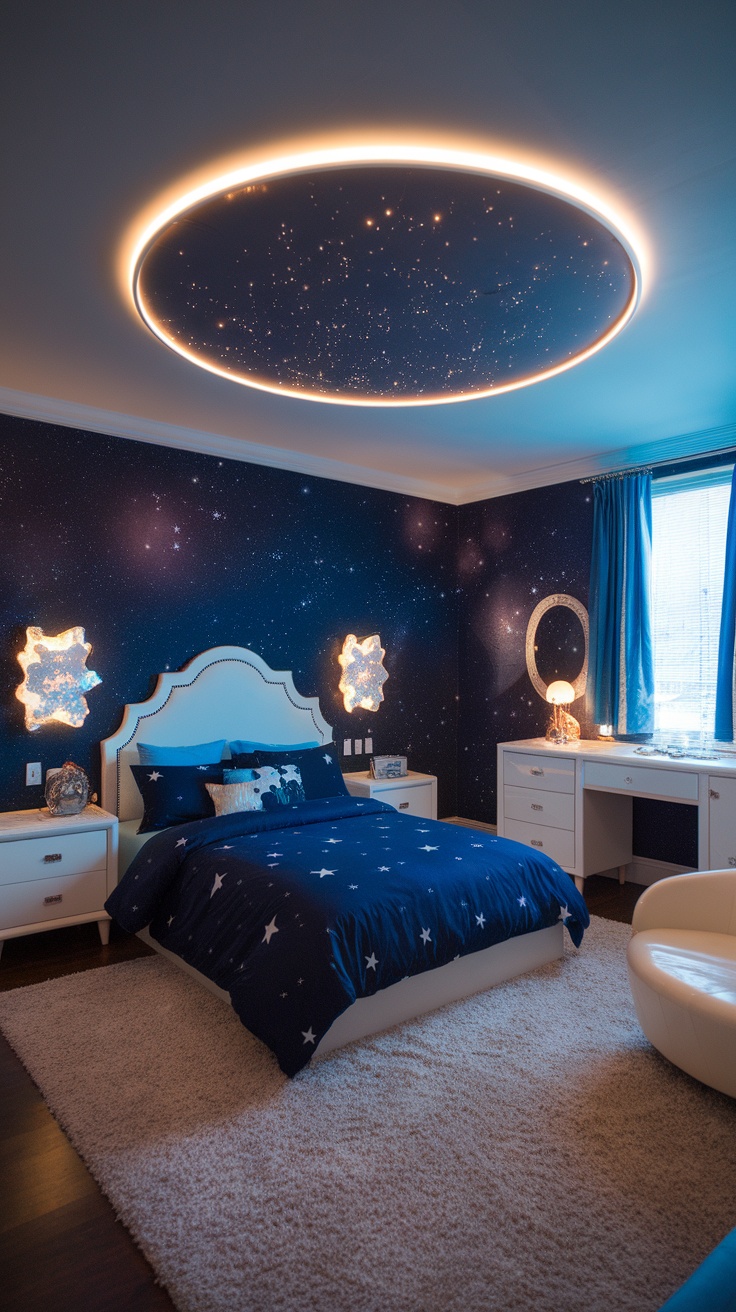 A cozy bedroom with star-shaped lights and a calming blue color scheme, creating a celestial theme.