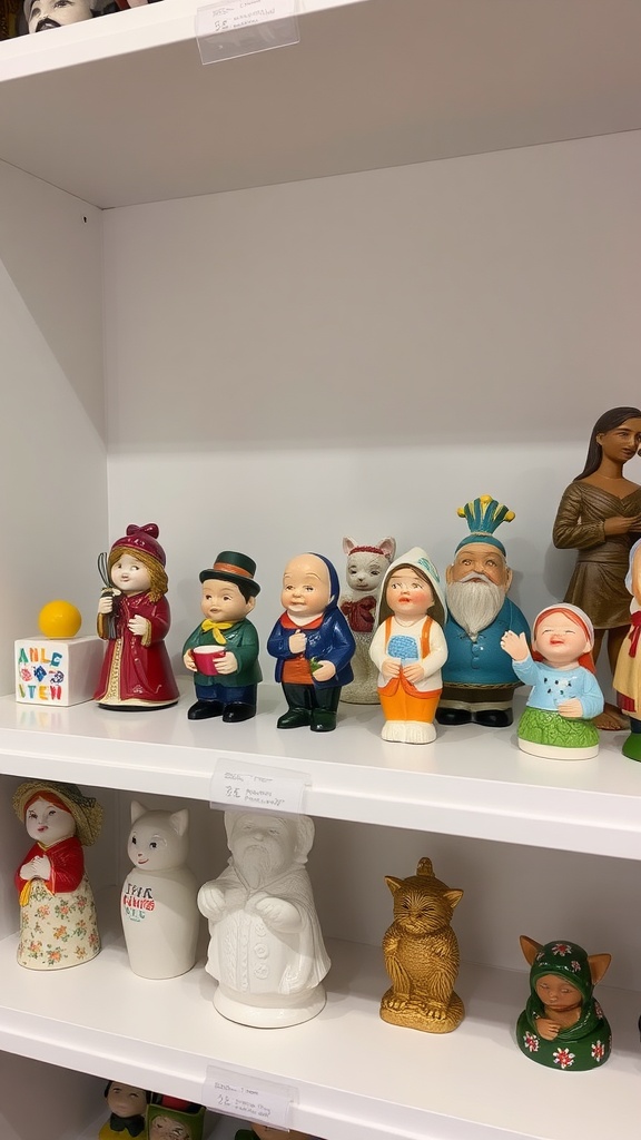 A collection of colorful ceramic figurines and collectibles on display.