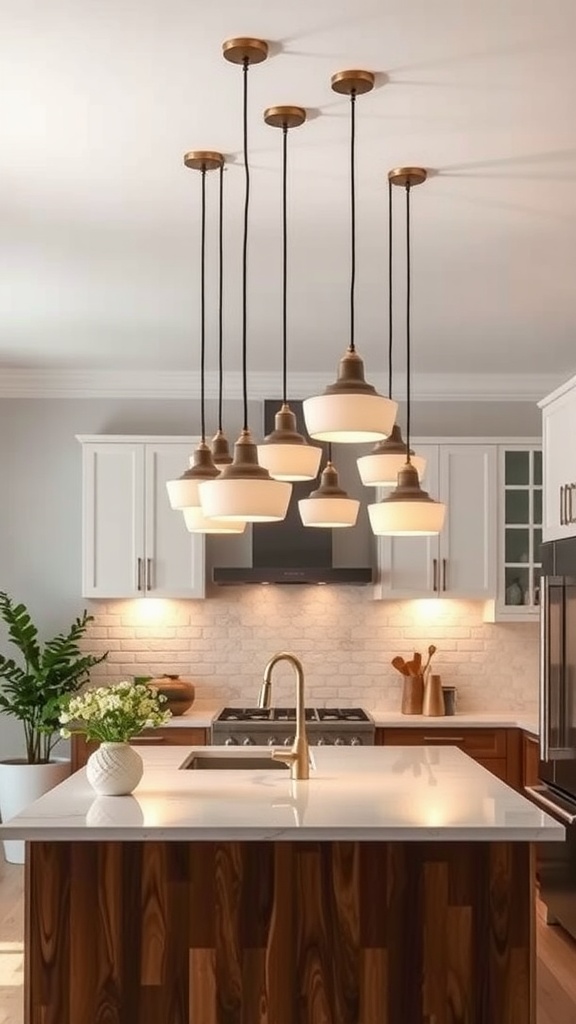 A stylish arrangement of ceramic pendant lights hanging over a kitchen island, creating a warm and inviting atmosphere.
