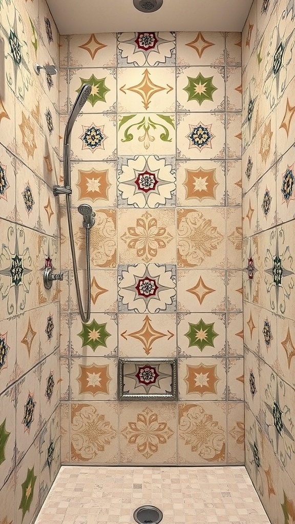 Bathroom shower featuring decorative ceramic tile patterns in various colors and designs.