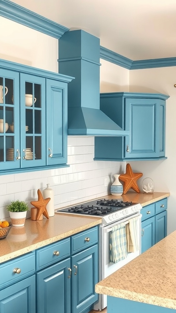 A bright kitchen with cerulean blue cabinets, a beige countertop, and coastal decor.