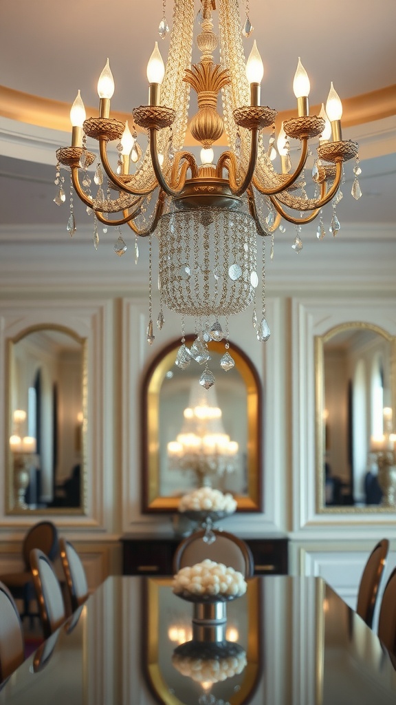 A luxurious chandelier with crystals hanging above a reflective dining table