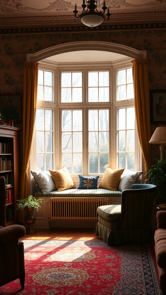 A cozy bay window reading nook in a Victorian living room, featuring yellow curtains, plush cushions on a window seat, and a comfortable chair.