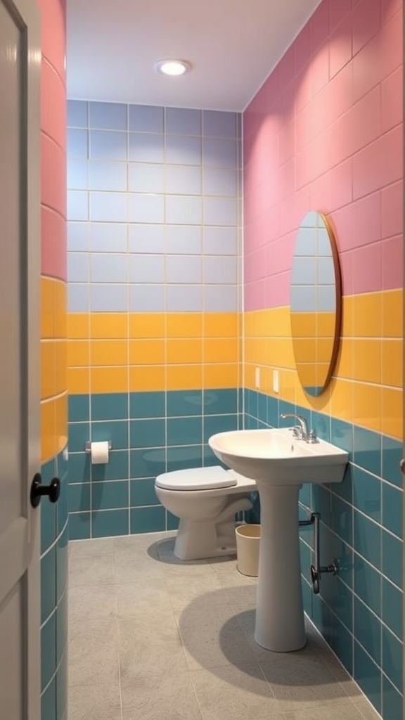 Colorful bathroom with pink, blue, and yellow tiles, featuring a round mirror and a pedestal sink.