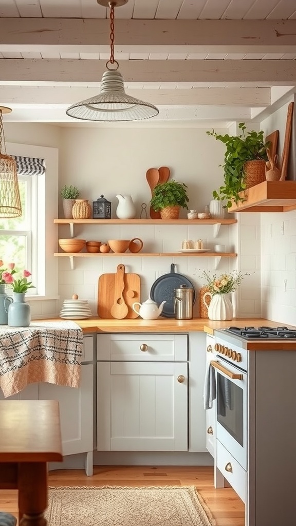 A charming cottage-style kitchen featuring light blue cabinets, wooden countertops, open shelving with dishware, and green plants.