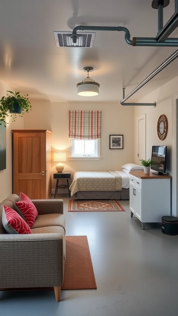 Cozy in-law suite converted from a garage featuring a bed, sofa, and stylish decor.