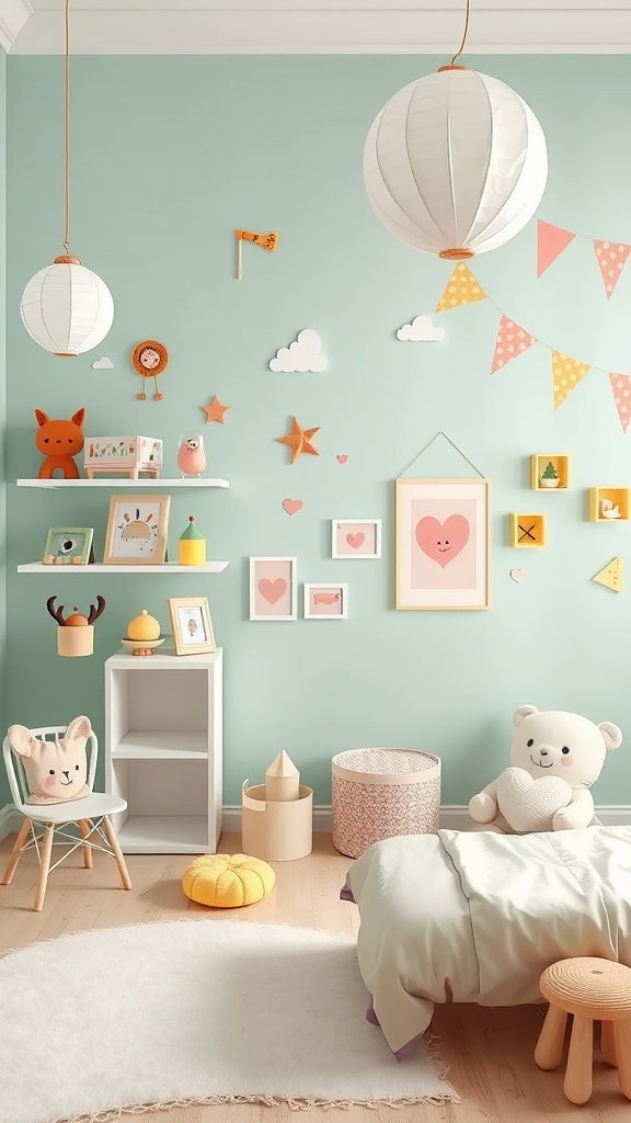 Colorful kids' room with mint green walls, playful decor, and cozy furniture