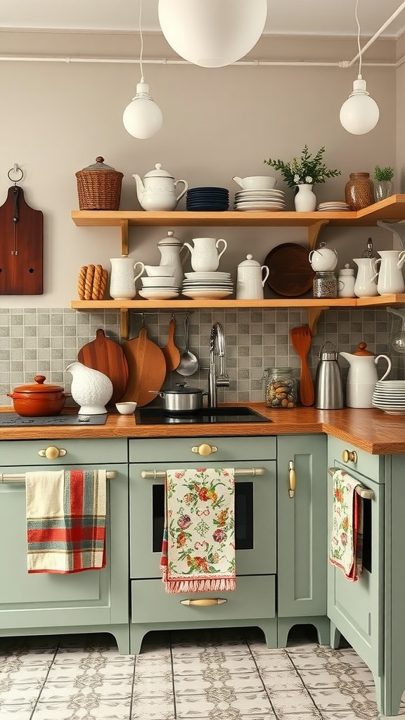 A charming kitchen featuring vintage decor with muted green cabinets, open shelves filled with dishes, wooden utensils, and colorful dish towels.