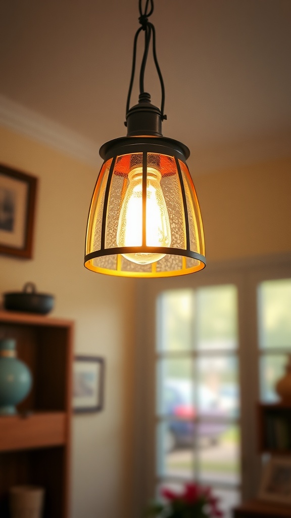 Charming hanging light fixture with a warm glow, set against a cozy indoor background.