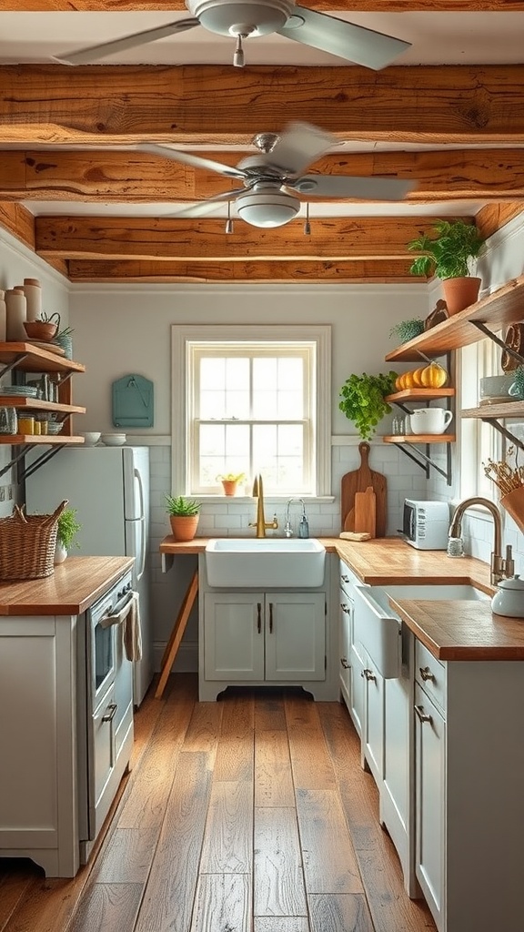 A rustic kitchen with wooden beams, white cabinetry, and open shelves filled with plants and kitchenware.