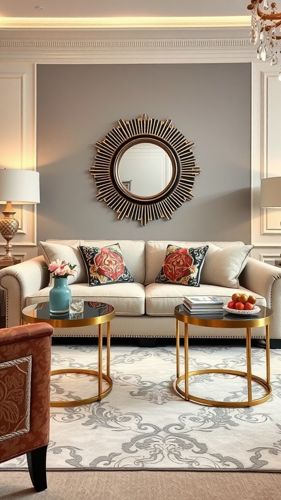 Stylish living room with two charming side tables, a plush sofa, and elegant decor