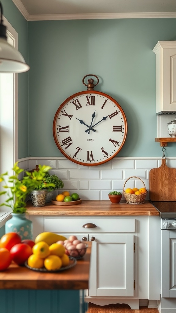 A large, round wall clock with Roman numerals hangs in a farmhouse kitchen against a soft blue wall, surrounded by fresh fruits on a wooden countertop.