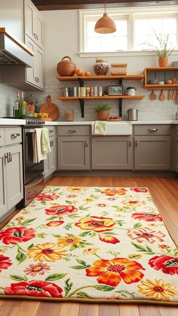 A colorful floral rug in a farmhouse kitchen, featuring vibrant reds and yellows on a light background
