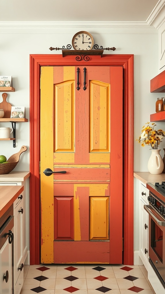 A vibrant red and yellow pantry door with a clock above it in a farmhouse kitchen.