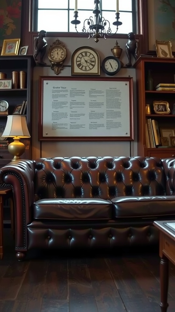 A rich brown leather Chesterfield sofa with deep button tufting, displayed in a cozy living room setting.