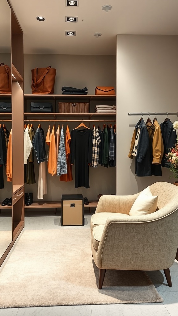 Chic walk-in closet with organized clothing, stylish bags, and a cozy chair.