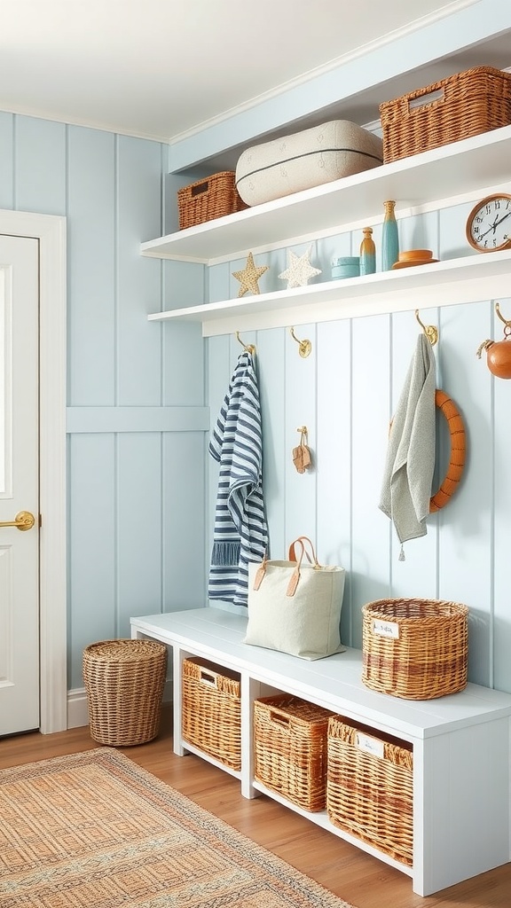 A chic coastal mudroom featuring light blue walls, woven baskets, and open shelving with decorative items.