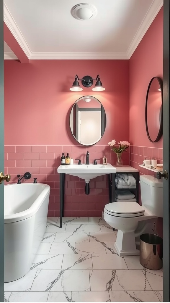 Chic bathroom with coral walls, pink tiles, and modern fixtures.