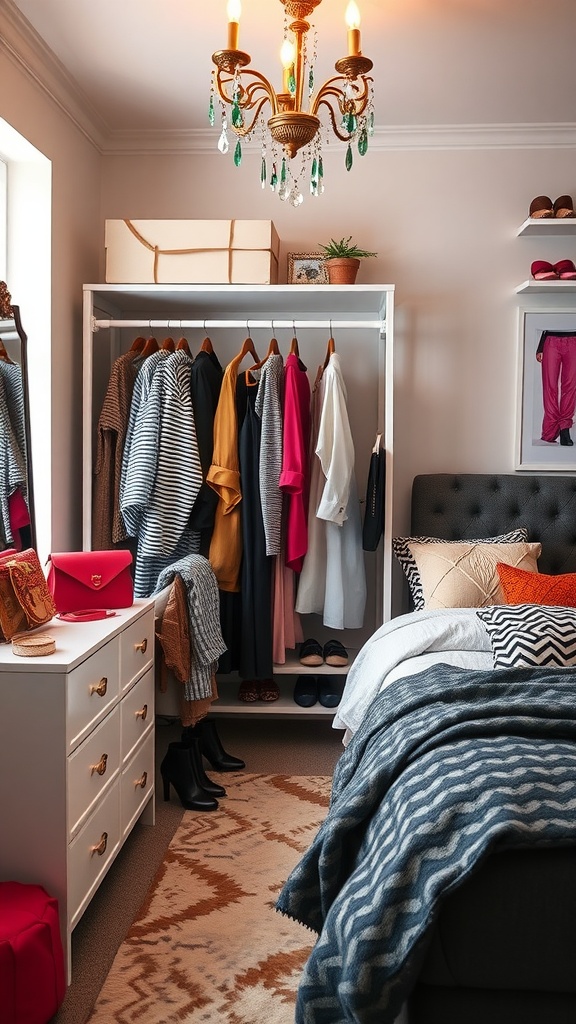 Stylish teenager bedroom with organized wardrobe and fashionable decor