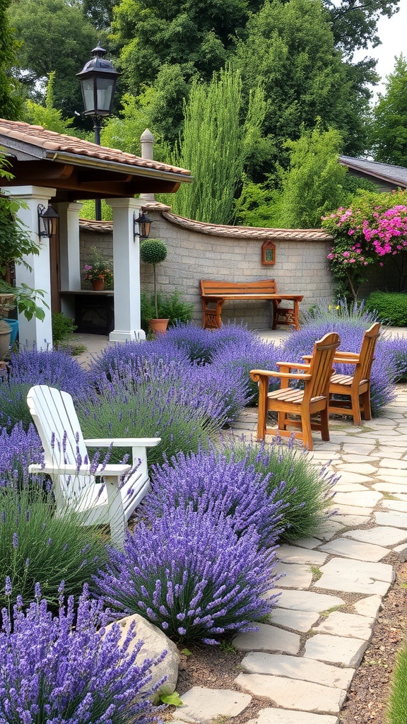 A beautiful garden path lined with lavender leading to wooden chairs.