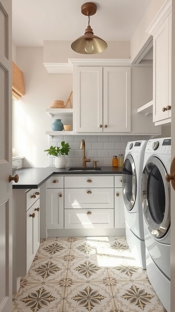 Stylish laundry room featuring decorative tile flooring, white cabinets, black countertop, and modern appliances