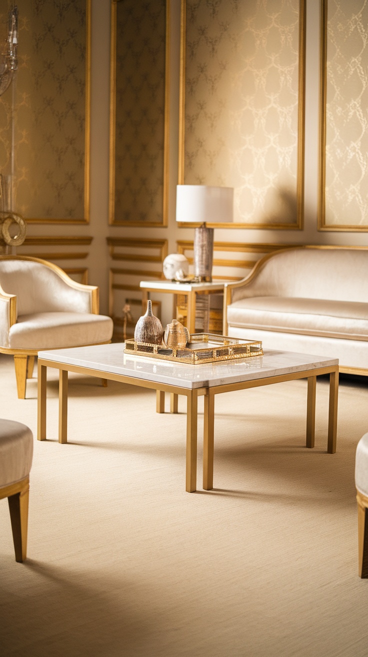A stylish living room featuring a chic marble coffee table with gold accents.