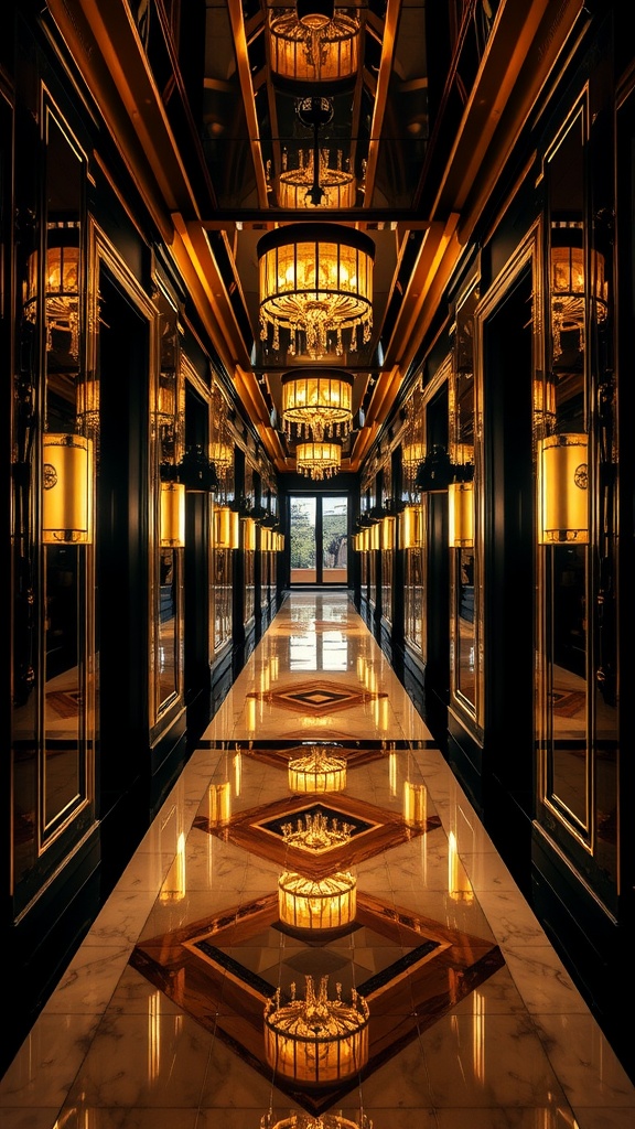 Art Deco hallway with mirrored surfaces and elegant chandeliers
