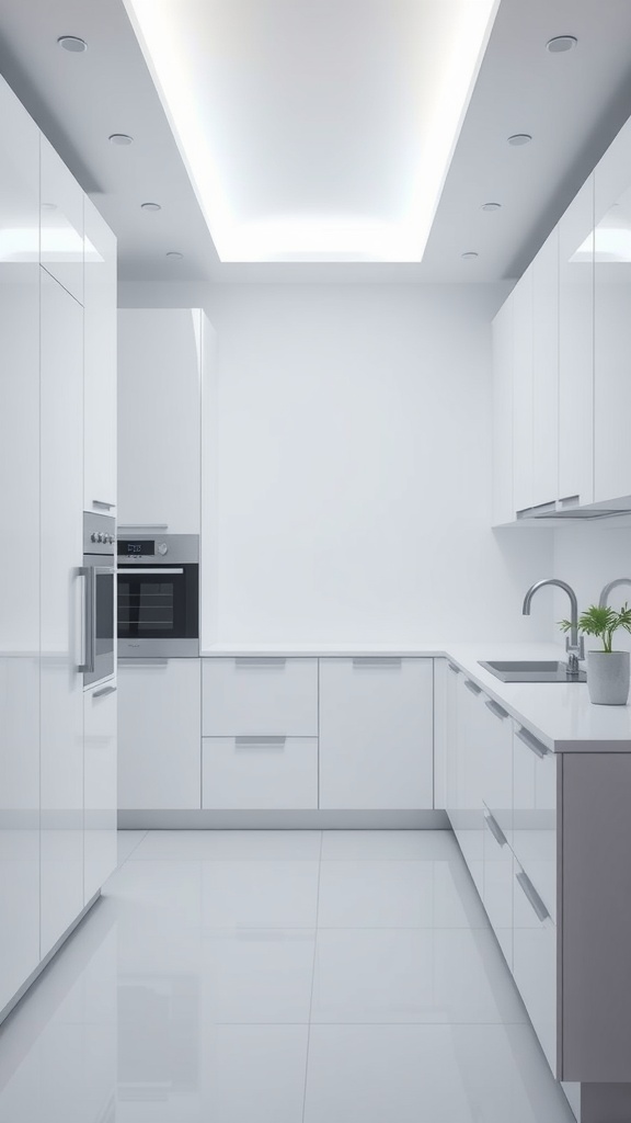 A modern coastal kitchen featuring white cabinetry, sleek surfaces, and minimalist decor.