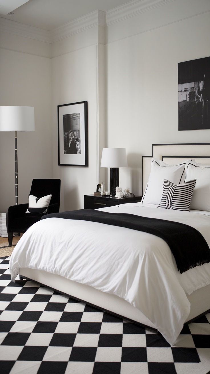 A stylish monochrome bedroom featuring layered bedding and decor.