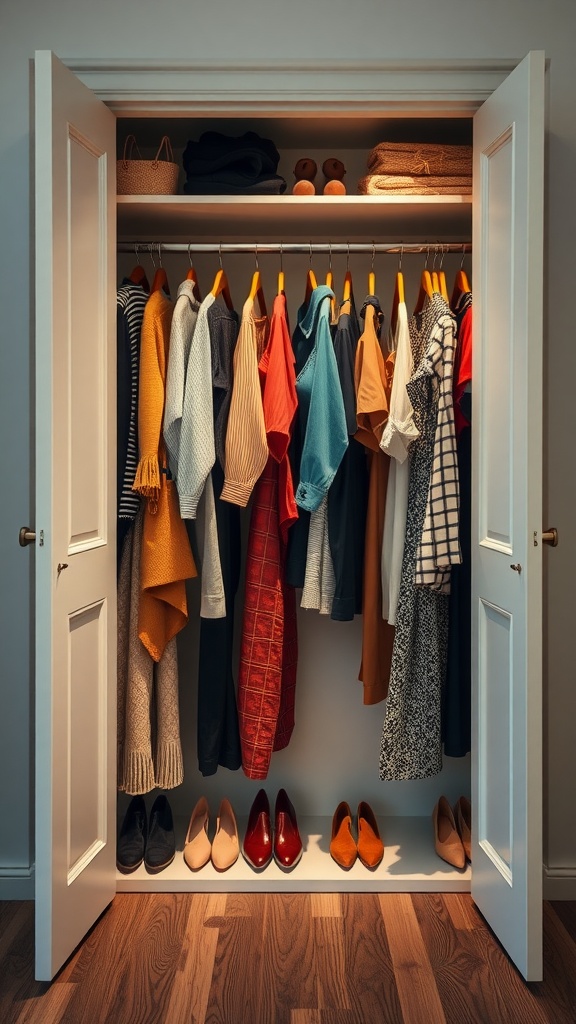 Open closet design featuring neatly hung clothes and organized shoes